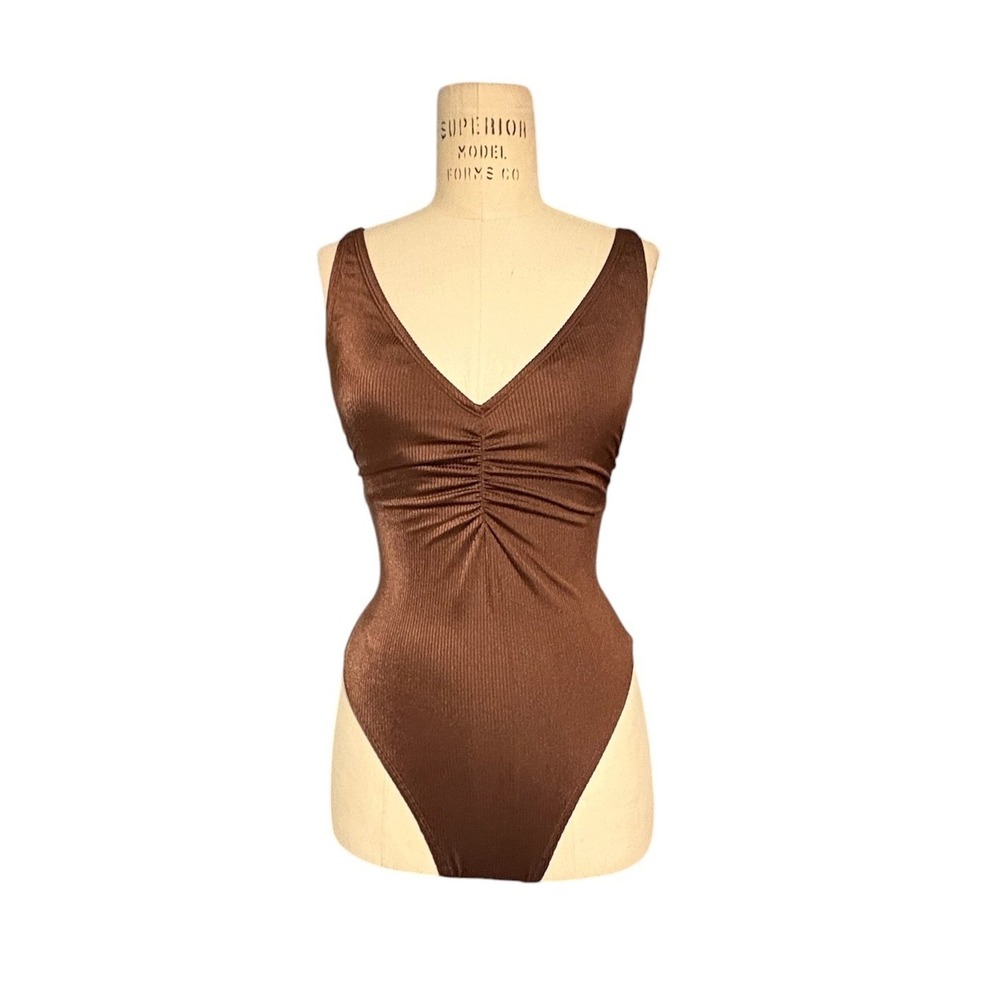 Shade & Shore Brown Ribbed Bathing Suit One Piece Sexy Chic Summer Size S 4-6